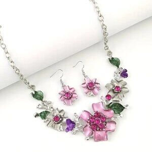 Set Flower Rhinestone Necklace & Earrings Dangle Elegant Simple Floral Statement